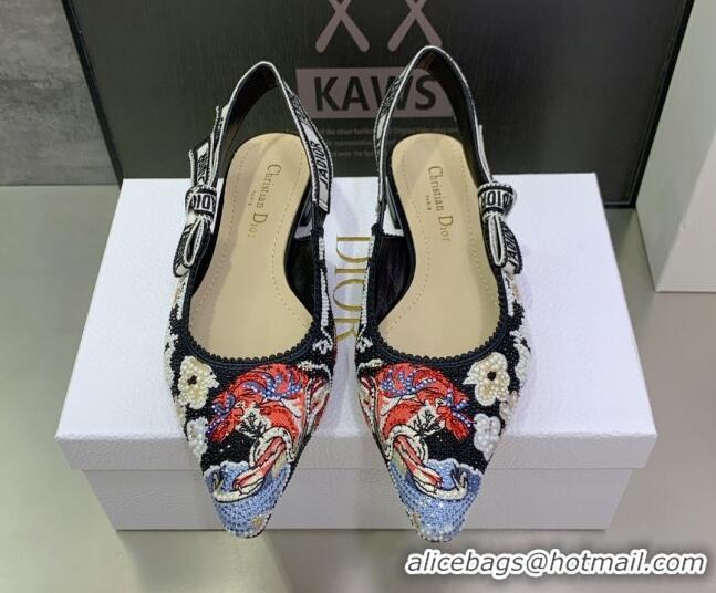 Lower Price Dior J'Adior Slingback Ballerina Flat in Black Multicolor Embroidered Cotton with Toile de Jouy Pop Motif 08