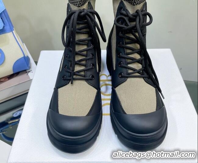 Grade Quality Dior Leather and Knit Lace-up Ankle Boots Black/Beige 081284