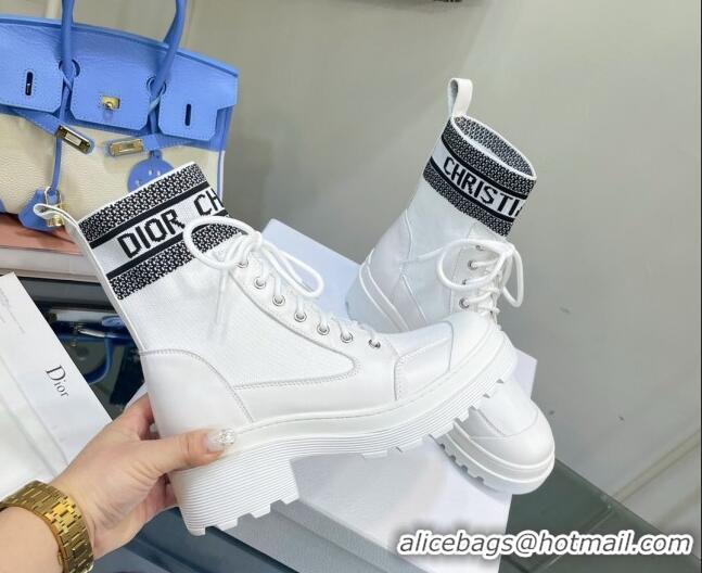 Charming Dior Leather and Knit Lace-up Ankle Boots White 081287