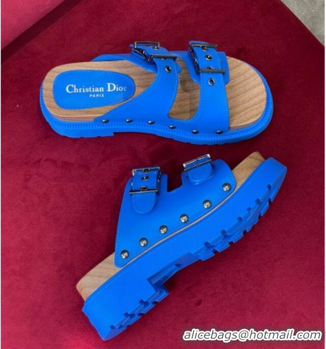 Best Grade Dior Diorquake Strap Calfskin Slide Sandals Blue 081290