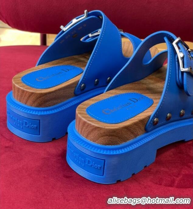 Best Grade Dior Diorquake Strap Calfskin Slide Sandals Blue 081290