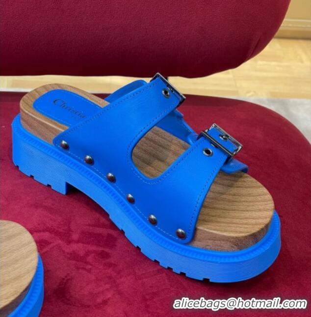 Best Grade Dior Diorquake Strap Calfskin Slide Sandals Blue 081290