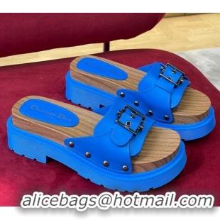 Good Quality Dior Diorquake Strap Calfskin Slide Sandals Blue 081291