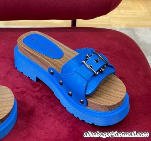 Good Quality Dior Diorquake Strap Calfskin Slide Sandals Blue 081291