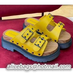 Best Price Dior Diorquake Strap Calfskin Slide Sandals Yellow 081292