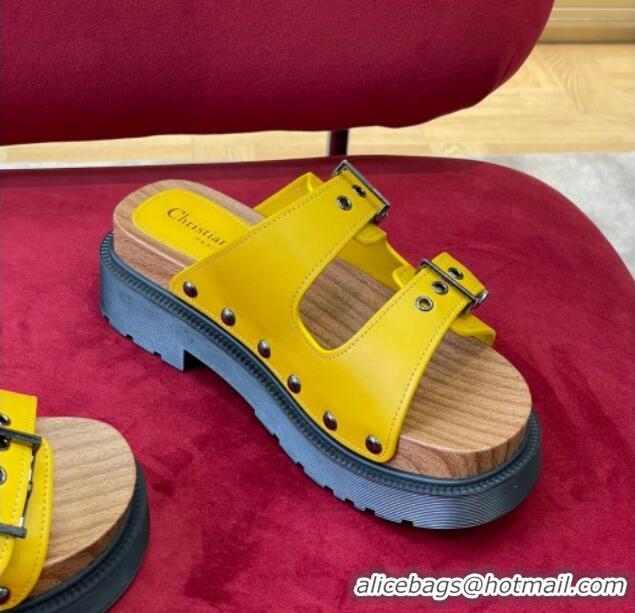 Best Price Dior Diorquake Strap Calfskin Slide Sandals Yellow 081292