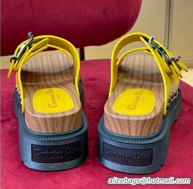 Best Price Dior Diorquake Strap Calfskin Slide Sandals Yellow 081292