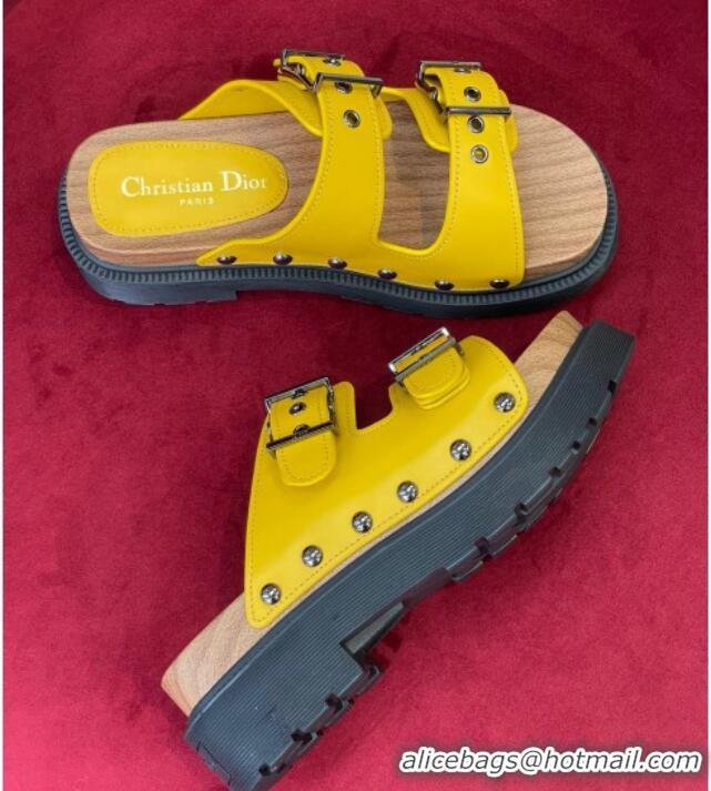 Best Price Dior Diorquake Strap Calfskin Slide Sandals Yellow 081292