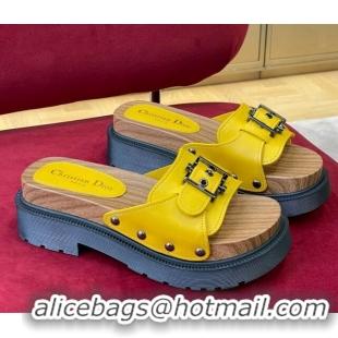 Good Looking Dior Diorquake Strap Calfskin Slide Sandals Yellow 081293