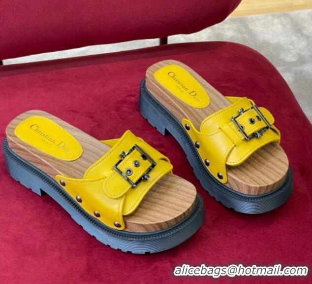 Good Looking Dior Diorquake Strap Calfskin Slide Sandals Yellow 081293