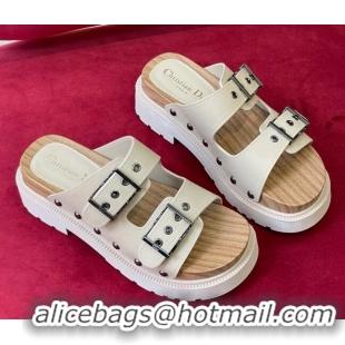 Duplicate Dior Diorquake Strap Calfskin Slide Sandals Cream White 081299