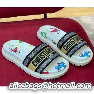 Top Grade Dior Dway Platform Slide Sandals in White Multicolor Pixel Zodiac Embroidery 0812101