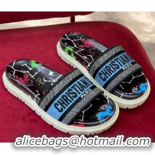 Discount Fashion Dior Dway Platform Slide Sandals in Black Multicolor Pixel Zodiac Embroidery 0812102