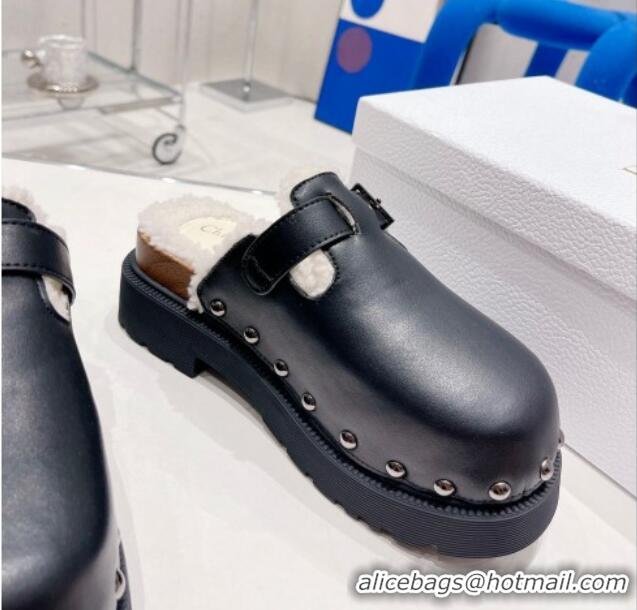 Low Cost Dior Diorquake Clog Mules in Black Calfskin and White Shearling 082532 