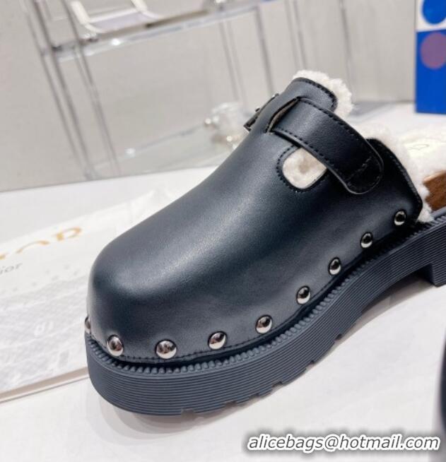 Low Cost Dior Diorquake Clog Mules in Black Calfskin and White Shearling 082532 