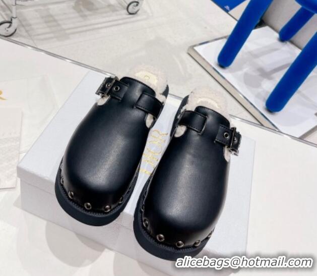 Low Cost Dior Diorquake Clog Mules in Black Calfskin and White Shearling 082532 