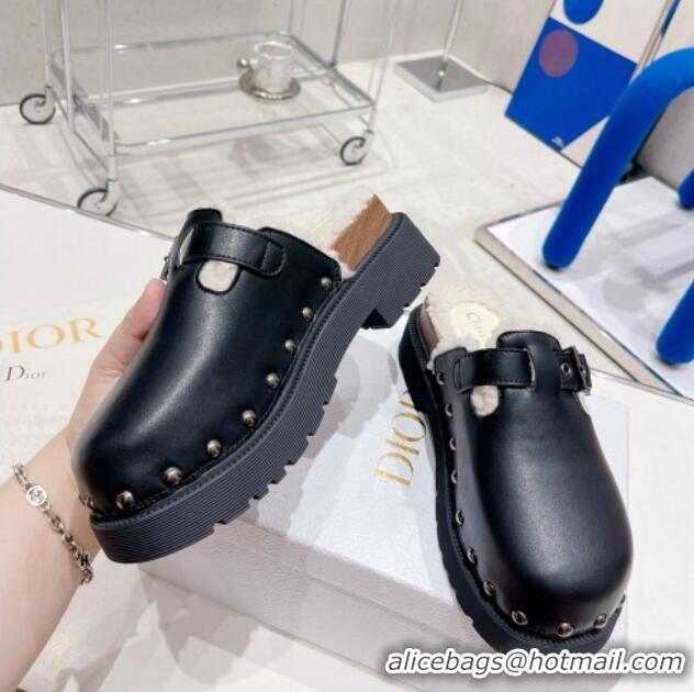 Low Cost Dior Diorquake Clog Mules in Black Calfskin and White Shearling 082532 