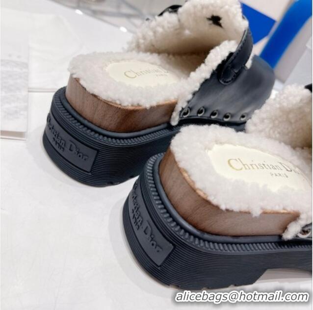 Low Cost Dior Diorquake Clog Mules in Black Calfskin and White Shearling 082532 