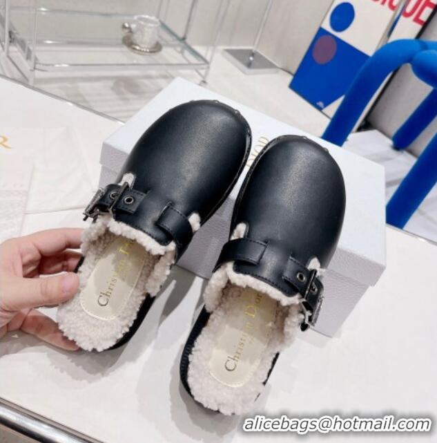 Low Cost Dior Diorquake Clog Mules in Black Calfskin and White Shearling 082532 