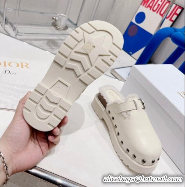 Most Popular Dior Diorquake Clog Mules in White Calfskin and Shearling 082533