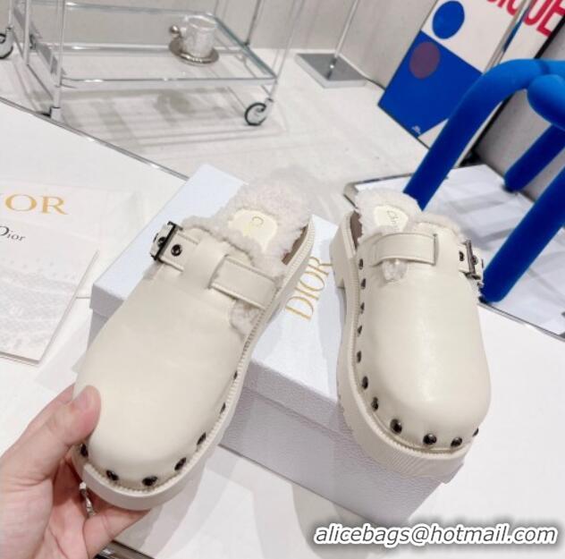 Most Popular Dior Diorquake Clog Mules in White Calfskin and Shearling 082533