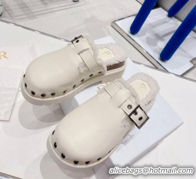 Most Popular Dior Diorquake Clog Mules in White Calfskin and Shearling 082533