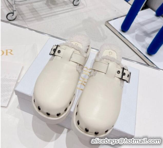 Most Popular Dior Diorquake Clog Mules in White Calfskin and Shearling 082533