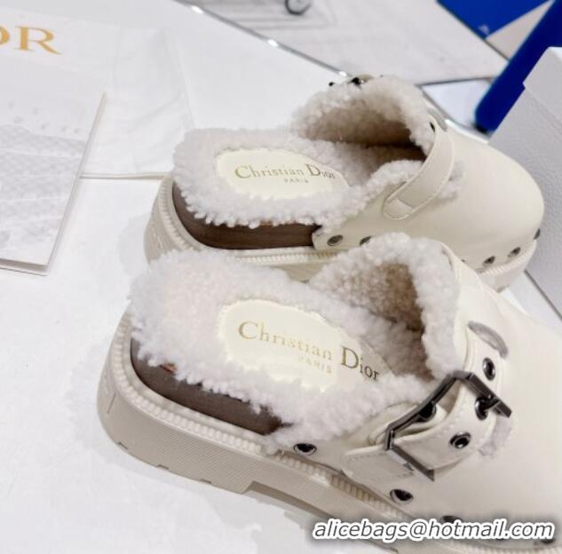 Most Popular Dior Diorquake Clog Mules in White Calfskin and Shearling 082533