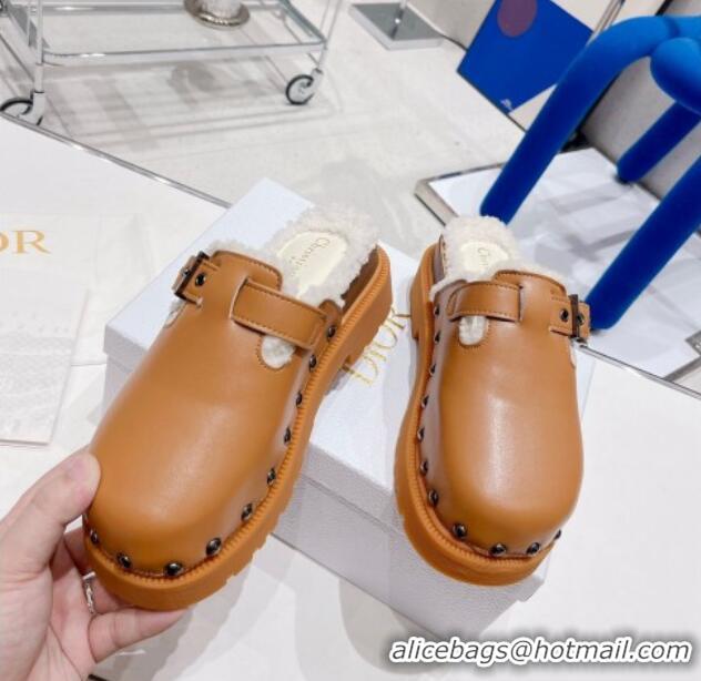 Generous Dior Diorquake Clog Mules in Brown Calfskin and White Shearling 082534 