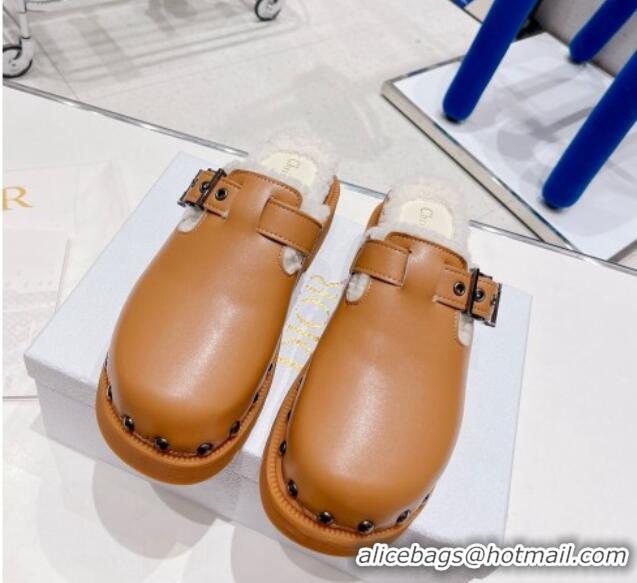 Generous Dior Diorquake Clog Mules in Brown Calfskin and White Shearling 082534 