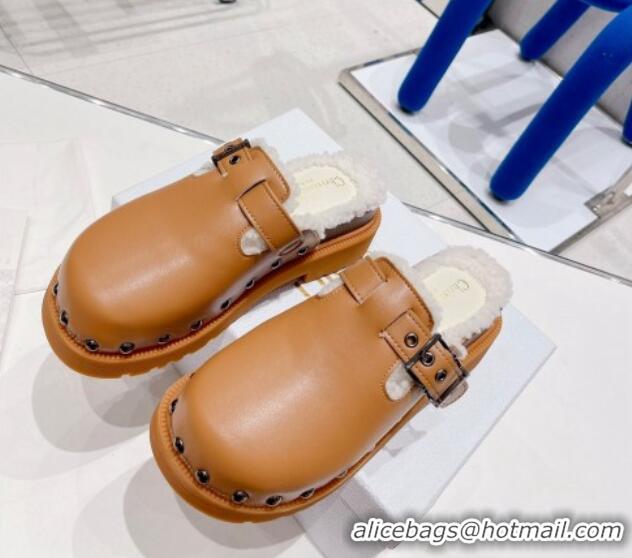 Generous Dior Diorquake Clog Mules in Brown Calfskin and White Shearling 082534 