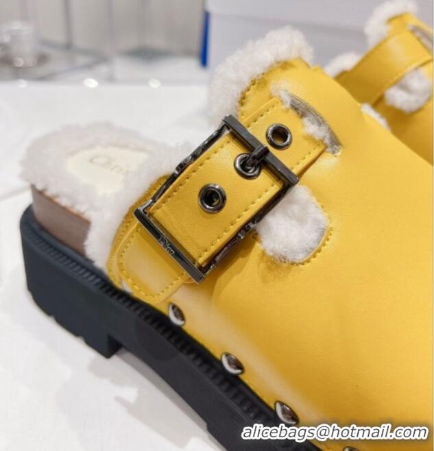 Popular Style Dior Diorquake Clog Mules in Yellow Calfskin and White Shearling 082535