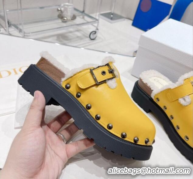 Popular Style Dior Diorquake Clog Mules in Yellow Calfskin and White Shearling 082535