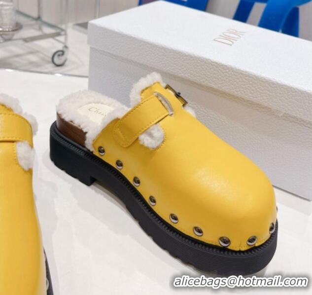 Popular Style Dior Diorquake Clog Mules in Yellow Calfskin and White Shearling 082535