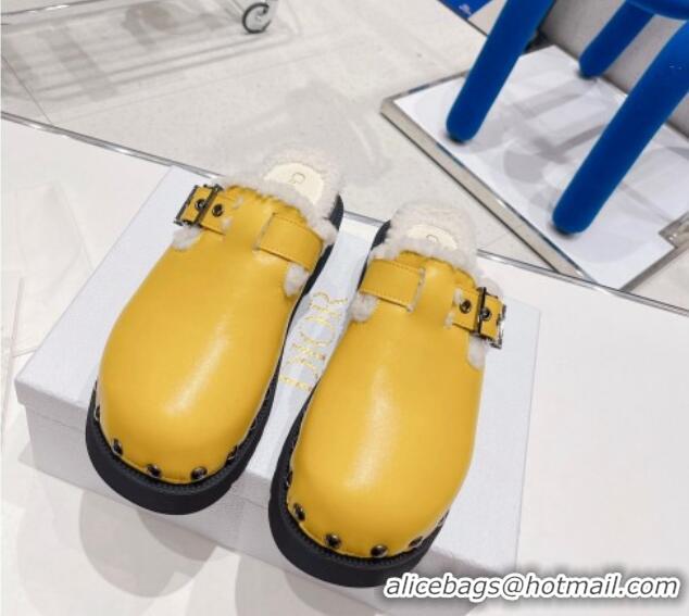 Popular Style Dior Diorquake Clog Mules in Yellow Calfskin and White Shearling 082535