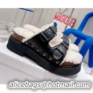 Best Price Dior Diorquake Strap Slide Sandals in Black Calfskin and White Shearling 082540