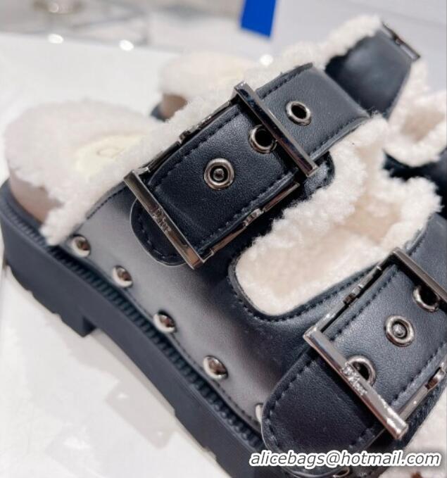 Best Price Dior Diorquake Strap Slide Sandals in Black Calfskin and White Shearling 082540