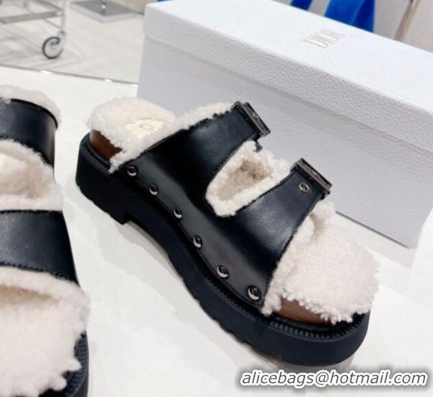 Best Price Dior Diorquake Strap Slide Sandals in Black Calfskin and White Shearling 082540