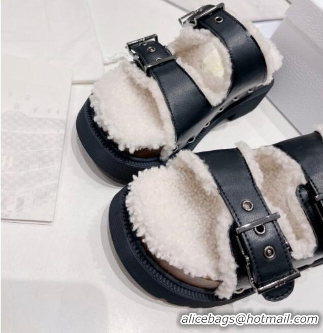 Best Price Dior Diorquake Strap Slide Sandals in Black Calfskin and White Shearling 082540