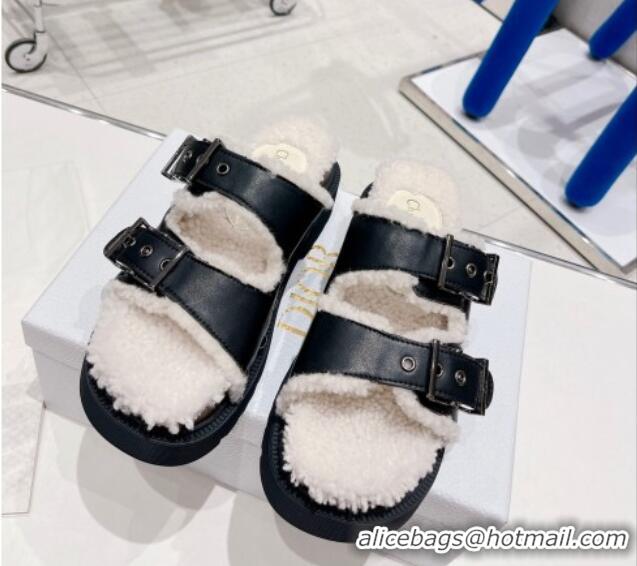 Best Price Dior Diorquake Strap Slide Sandals in Black Calfskin and White Shearling 082540