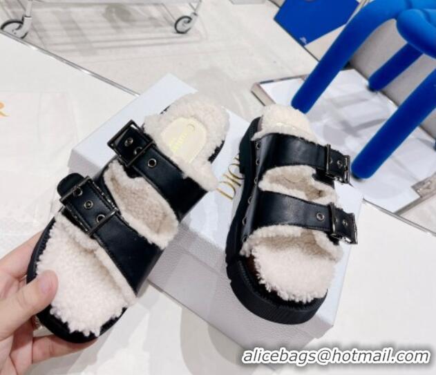 Best Price Dior Diorquake Strap Slide Sandals in Black Calfskin and White Shearling 082540