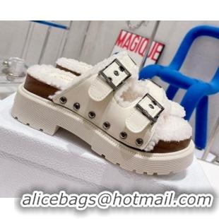 Top Grade Dior Diorquake Strap Slide Sandals in White Calfskin and White Shearling 082541