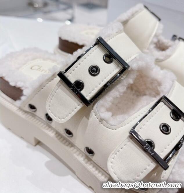 Top Grade Dior Diorquake Strap Slide Sandals in White Calfskin and White Shearling 082541