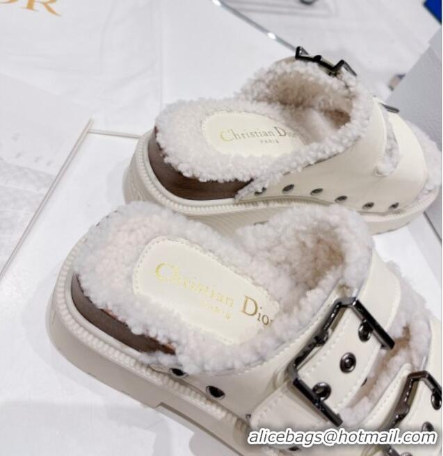 Top Grade Dior Diorquake Strap Slide Sandals in White Calfskin and White Shearling 082541