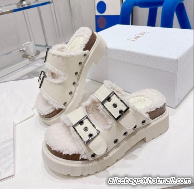 Top Grade Dior Diorquake Strap Slide Sandals in White Calfskin and White Shearling 082541