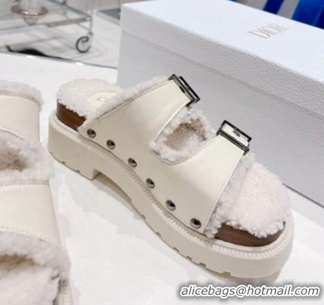 Top Grade Dior Diorquake Strap Slide Sandals in White Calfskin and White Shearling 082541