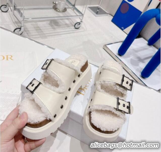 Top Grade Dior Diorquake Strap Slide Sandals in White Calfskin and White Shearling 082541