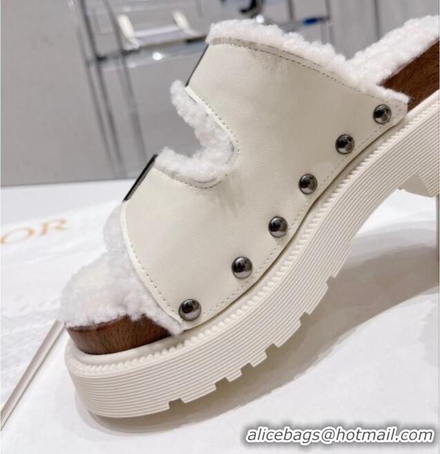 Top Grade Dior Diorquake Strap Slide Sandals in White Calfskin and White Shearling 082541