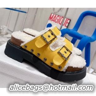 Good Quality Dior Diorquake Strap Slide Sandals in Yellow Calfskin and White Shearling 082542