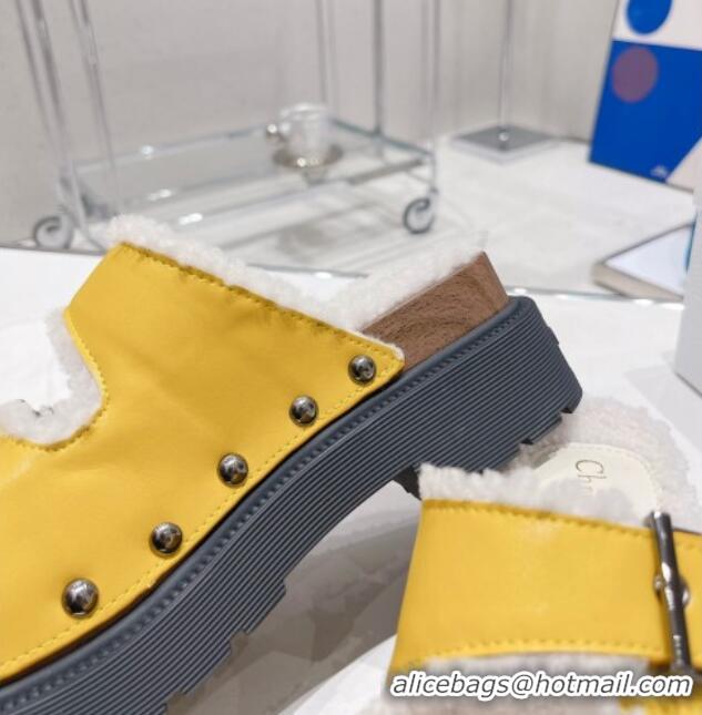 Good Quality Dior Diorquake Strap Slide Sandals in Yellow Calfskin and White Shearling 082542